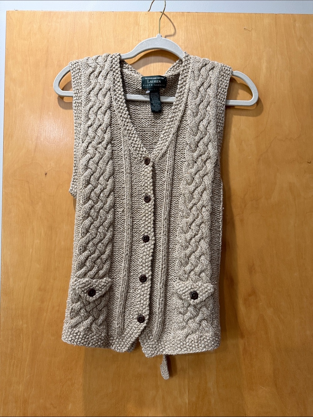 Lauren Ralph Lauren Beige Cable-Knit Button Front Sweater Vest